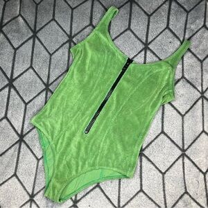 Lisa Marie Fernandez One Piece Swim Bodysuit Green Terry Cloth Zipper Y2K W